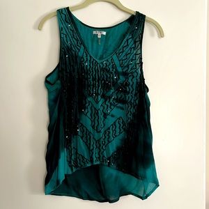 Buffalo David Bitton small emerald green and black sequenced/beaded v-neck tank